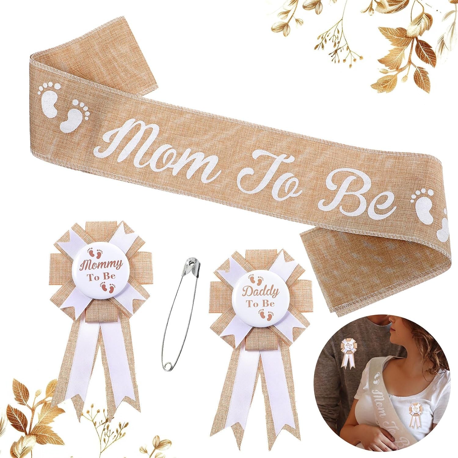 Mom to Be Schärpe Baby Shower Deko Set Mit Mom to Be Daddy to Be Abzeichen Baby Shower Schärpe Sackleinen Gürtel Für Mom to Be Anstecknadel Für Papa Babyparty Geschenk Party Dekoration