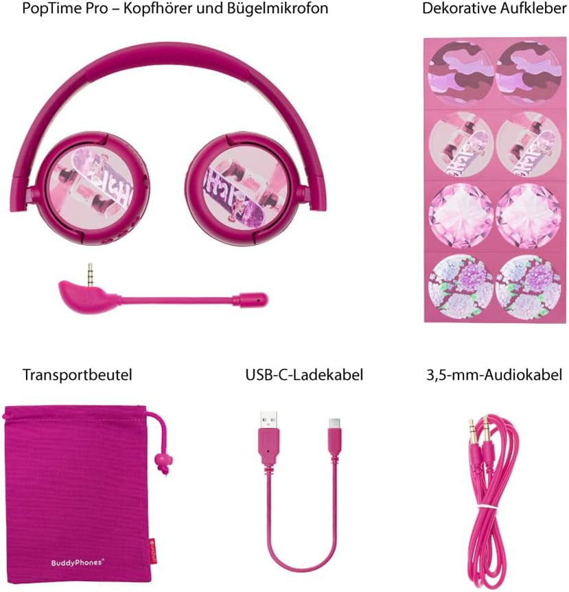 Brandneu Und „Made for Amazon“: Bluetooth-Kinderkopfhörer Buddyphones Poptime Pro Mit Lautstärkebegrenzung Und Bügelmikrofon (Alter: 3-12 Jahre), Pink