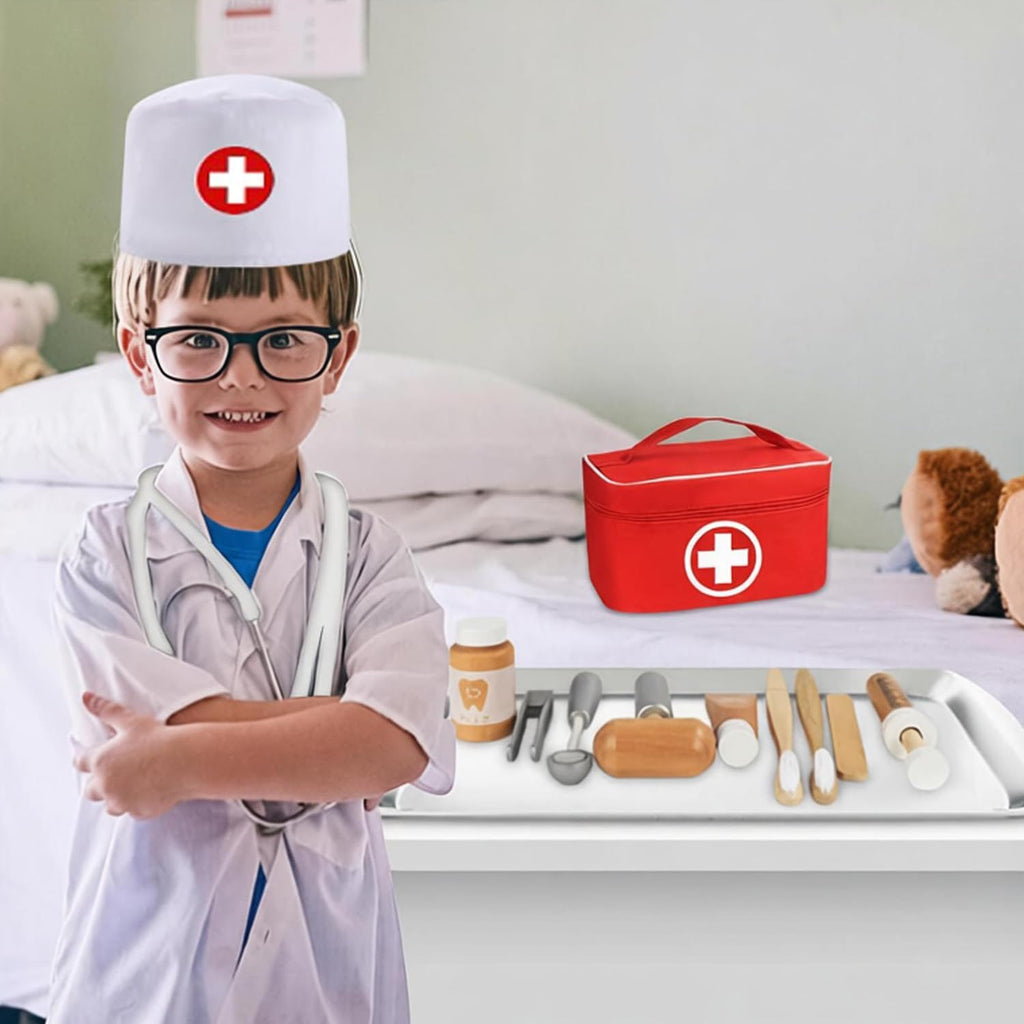 Arztkoffer Kinder Holz Spielset - Mit Echtem Stethoskop, Arztkittel Und Doktortasche in Rot, Perfekt Für Rollenspiele Zahnarzt Spielzeug Für Kinder Ab 3 Jahren