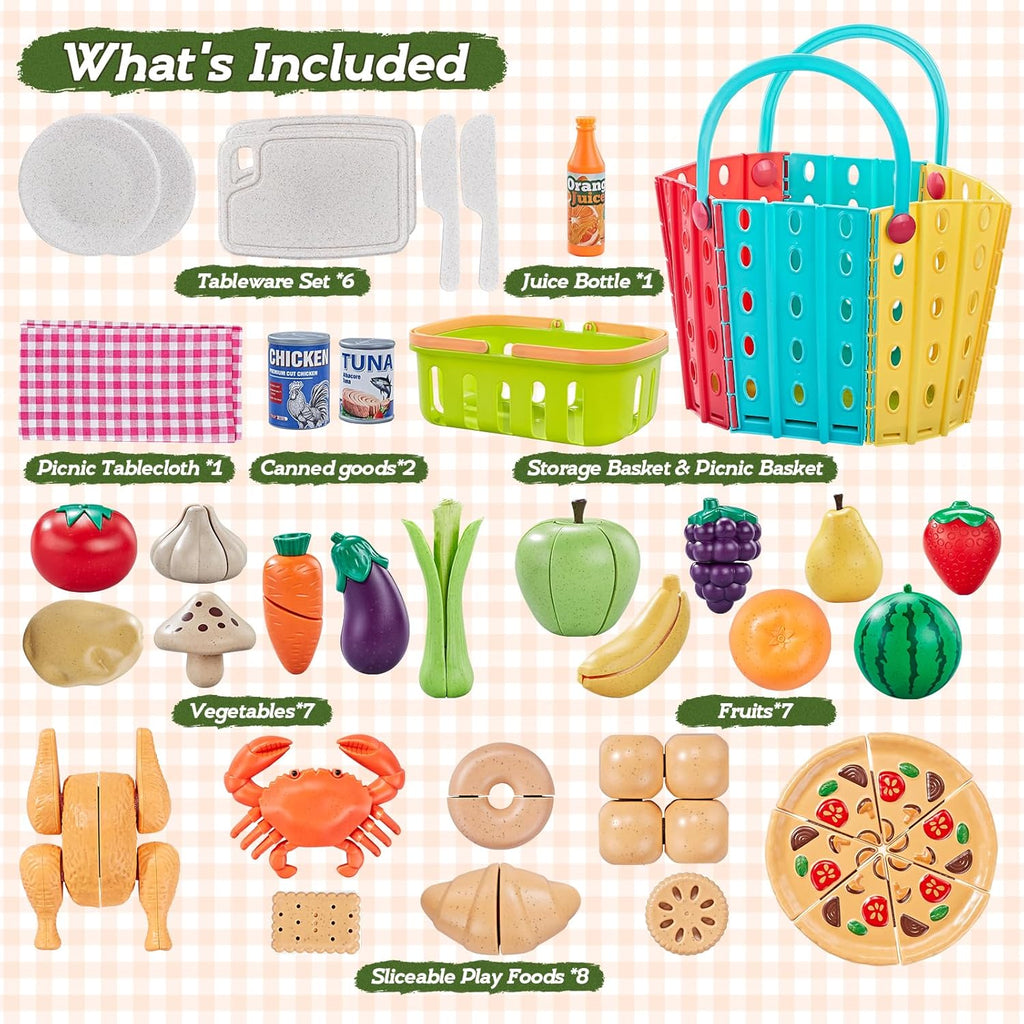 Pretend Play Food for Kids Kitchen, Wheat Straw Toy Food with 2 Baskets & Picnic Blanket, Realistic Cutting Pizza, Grocery Cans, Pretend Play Kitchen Accessories & Toddler Toys for Boys Girls