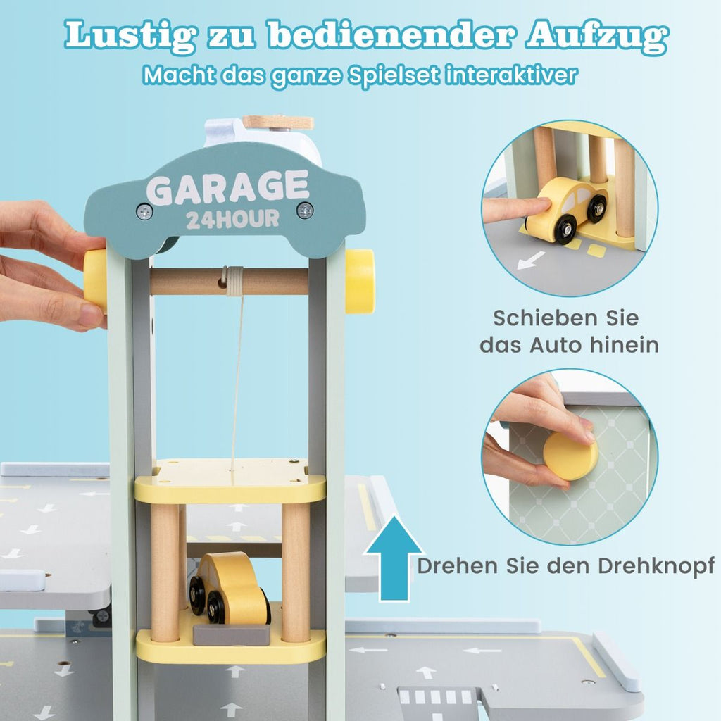 Holz Parkhaus Mit 3 Etagen & 4 Autos & Aufzug Parkgarage Autogarage Spielzeug Für Kinder Ab 3 J.