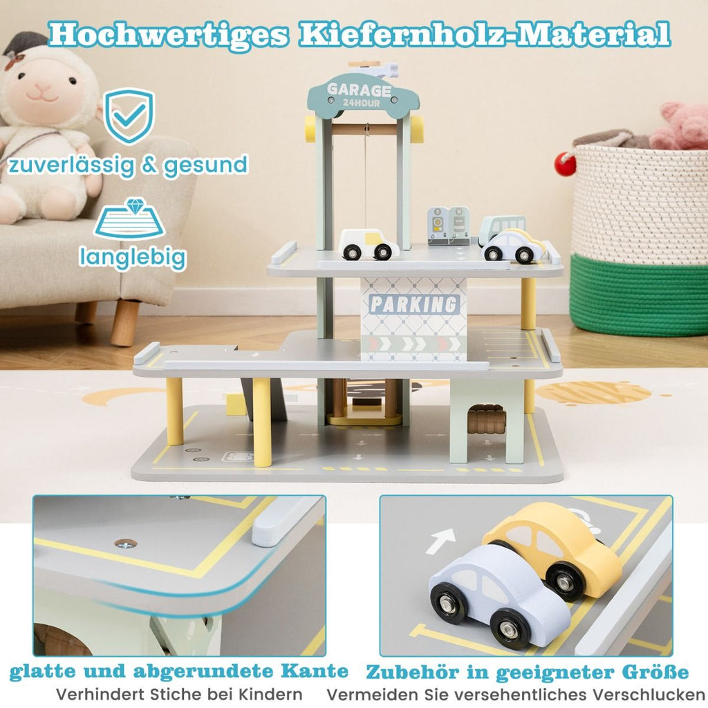 Holz Parkhaus Mit 3 Etagen & 4 Autos & Aufzug Parkgarage Autogarage Spielzeug Für Kinder Ab 3 J.