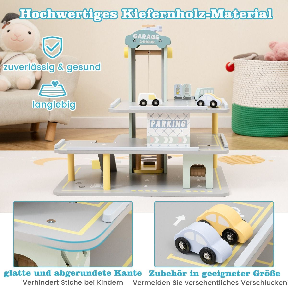 Holz Parkhaus Mit 3 Etagen & 4 Autos & Aufzug Parkgarage Autogarage Spielzeug Für Kinder Ab 3 J.