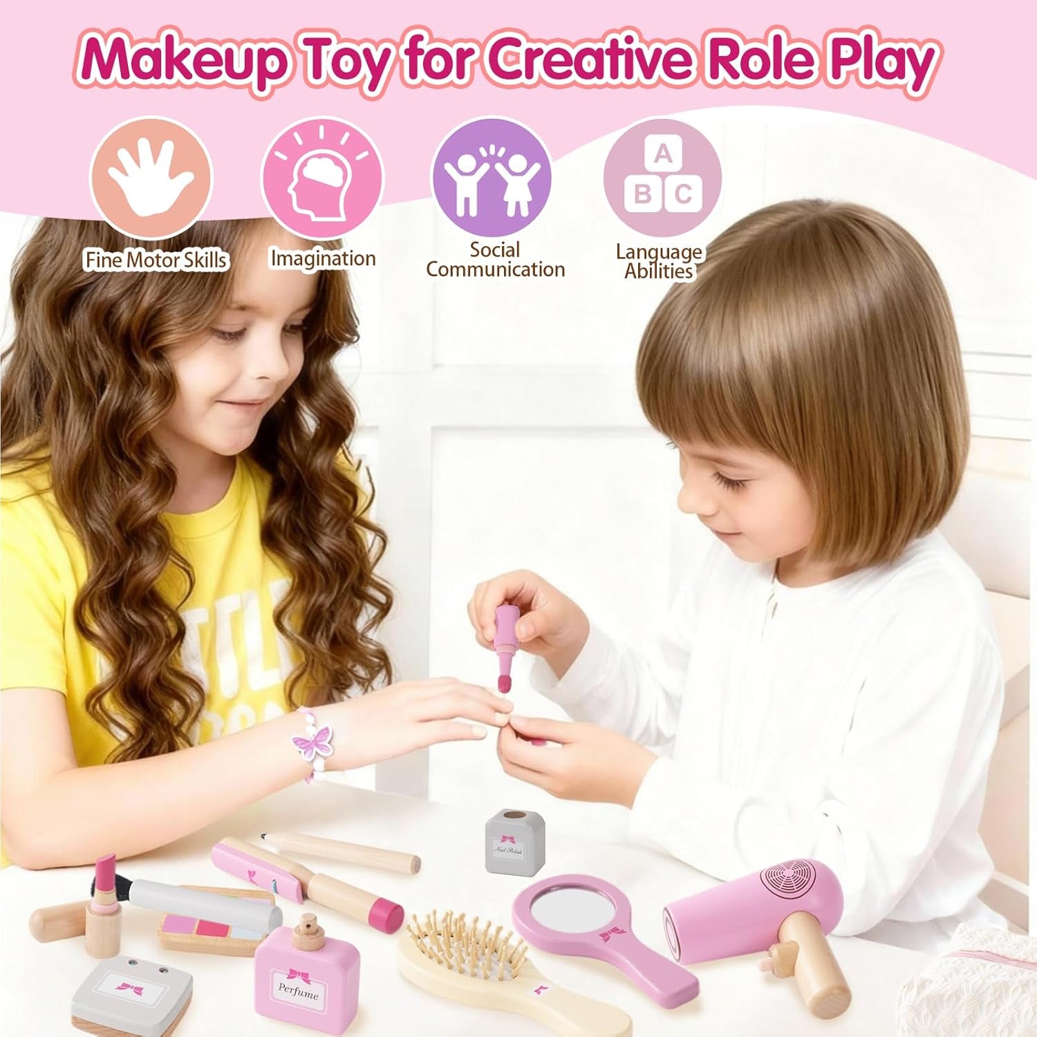 Holz Schminke Für Kinder Holzschminke Spielset Schminkkoffer Mädchen, 19PCS Make up Holzspielzeug Für Rollenspiele Ab 3, Weihnachten Geburtstag Geschenk Für Mädchen Ab 3 4 Jahre