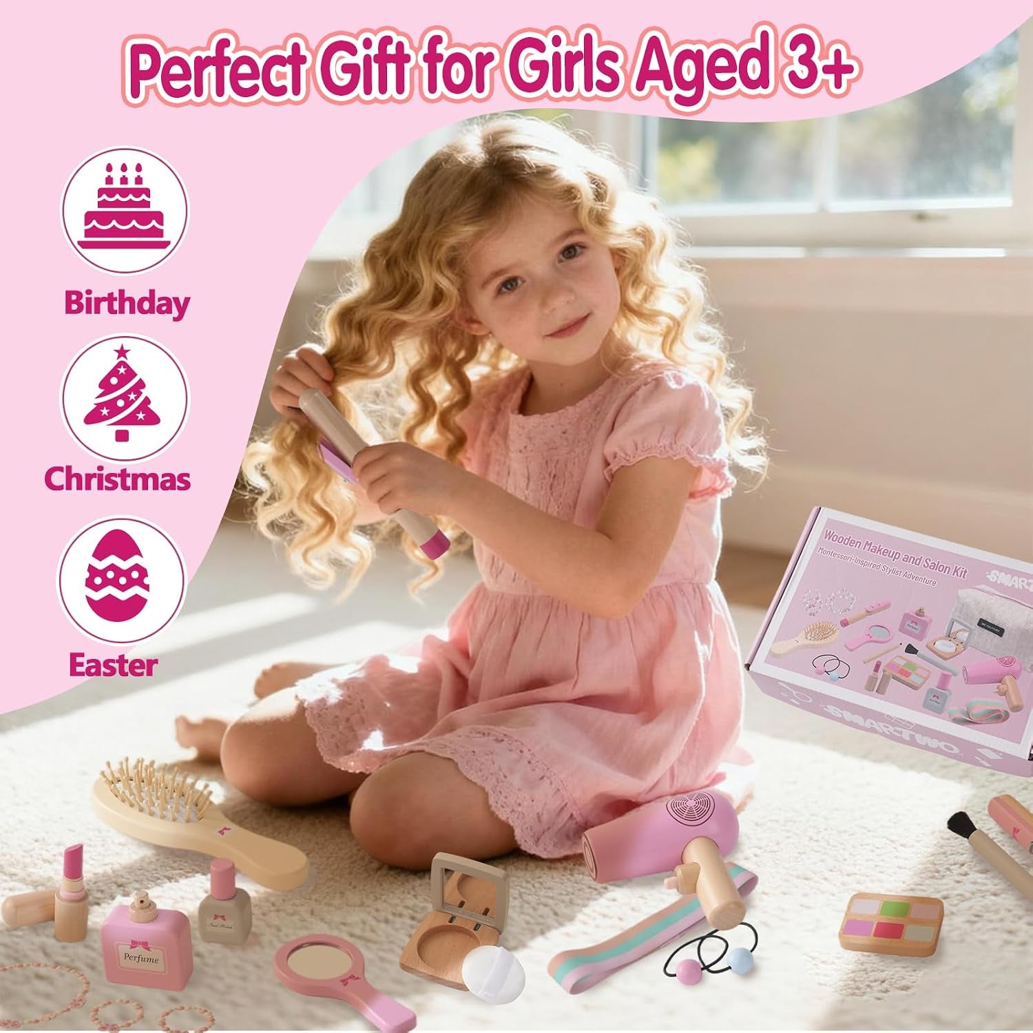 Holz Schminke Für Kinder Holzschminke Spielset Schminkkoffer Mädchen, 19PCS Make up Holzspielzeug Für Rollenspiele Ab 3, Weihnachten Geburtstag Geschenk Für Mädchen Ab 3 4 Jahre