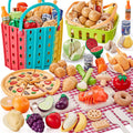 Pretend Play Food for Kids Kitchen, Wheat Straw Toy Food with 2 Baskets & Picnic Blanket, Realistic Cutting Pizza, Grocery Cans, Pretend Play Kitchen Accessories & Toddler Toys for Boys Girls