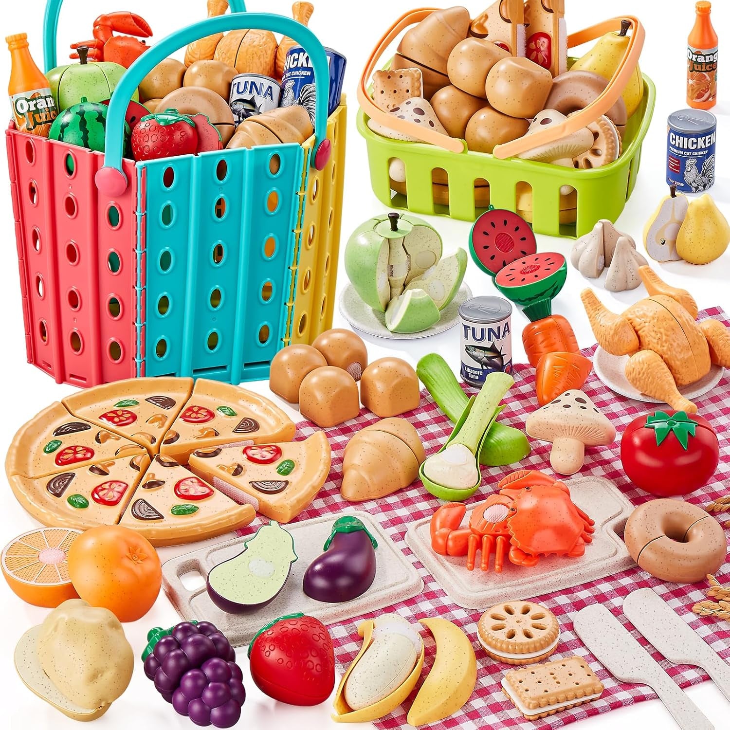 Pretend Play Food for Kids Kitchen, Wheat Straw Toy Food with 2 Baskets & Picnic Blanket, Realistic Cutting Pizza, Grocery Cans, Pretend Play Kitchen Accessories & Toddler Toys for Boys Girls
