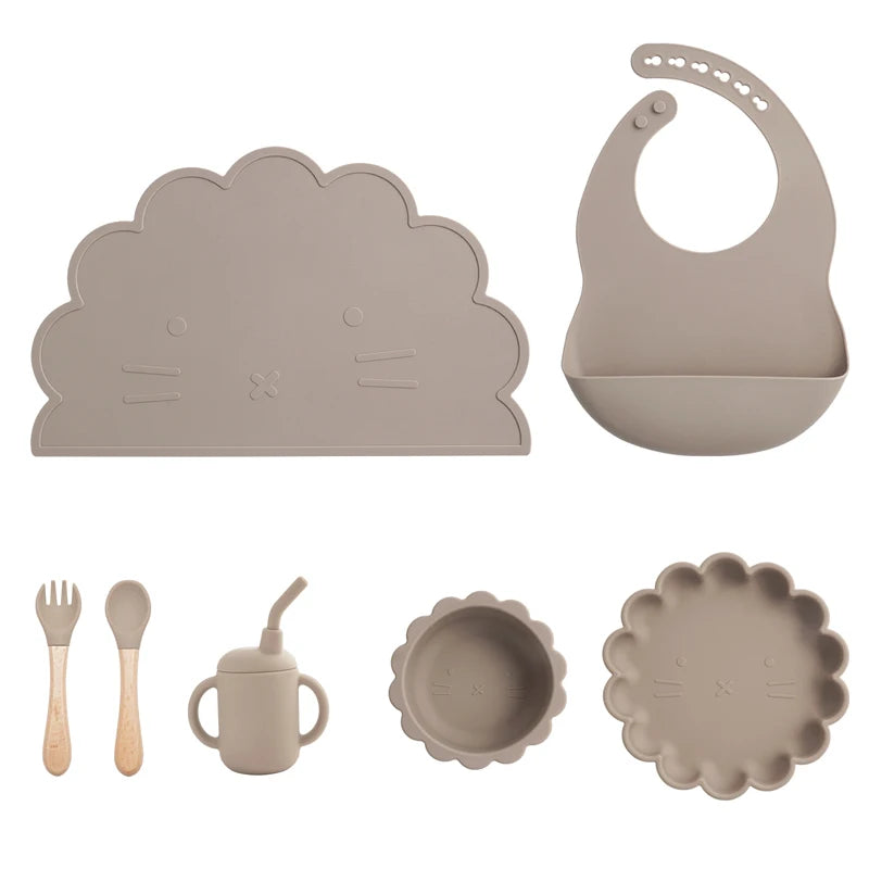 7Pcs/Set Baby Silicone Children'S Tableware Waterproof Bib Food Grade Baby Dishes Plate Suction Bowl Newborn Sippy Cup and Spoon