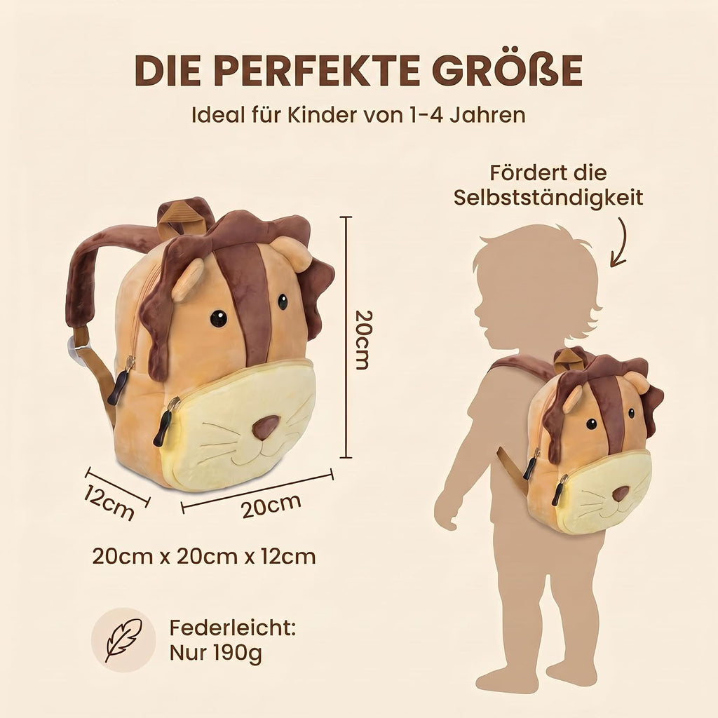 All Kids United Kinderrucksack Für Kleinkinder Kindergarten Rucksack Für Kinder Backpack Schultasche Tier-Rucksäcke 1-4 Jahre, Robust, Leichtgewichtig, Flauschig & Ergonomische Träger (Löwe)