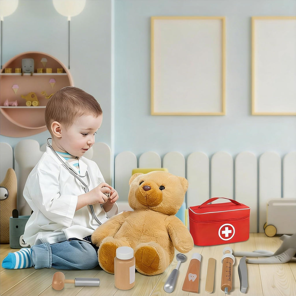 Arztkoffer Kinder Holz Spielset - Mit Echtem Stethoskop, Arztkittel Und Doktortasche in Rot, Perfekt Für Rollenspiele Zahnarzt Spielzeug Für Kinder Ab 3 Jahren