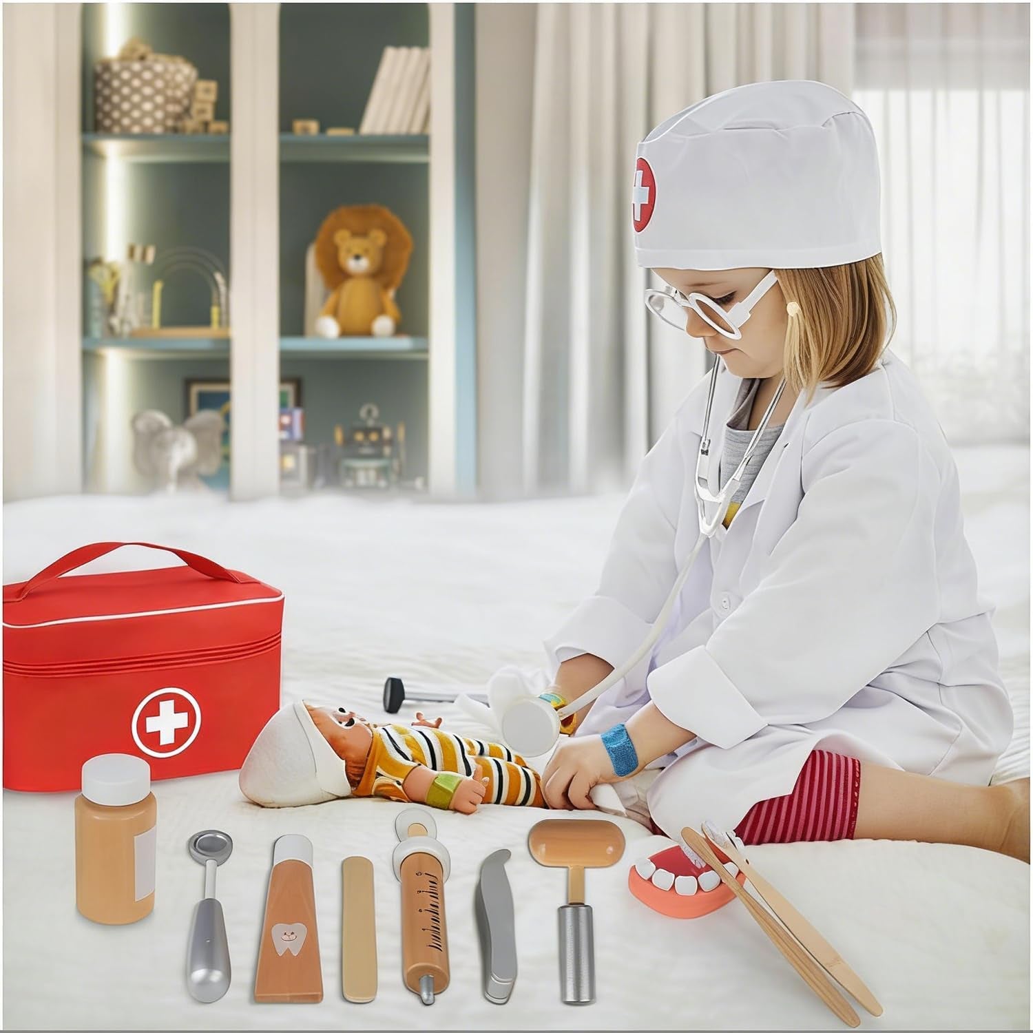 Arztkoffer Kinder Holz Spielset - Mit Echtem Stethoskop, Arztkittel Und Doktortasche in Rot, Perfekt Für Rollenspiele Zahnarzt Spielzeug Für Kinder Ab 3 Jahren