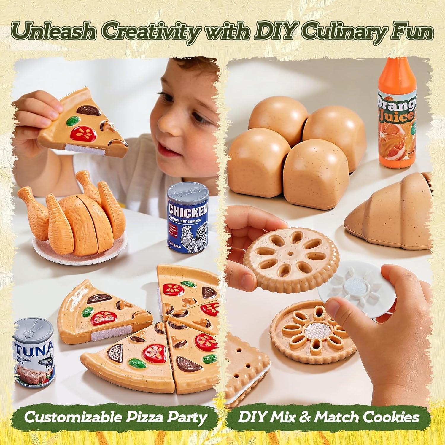 Pretend Play Food for Kids Kitchen, Wheat Straw Toy Food with 2 Baskets & Picnic Blanket, Realistic Cutting Pizza, Grocery Cans, Pretend Play Kitchen Accessories & Toddler Toys for Boys Girls