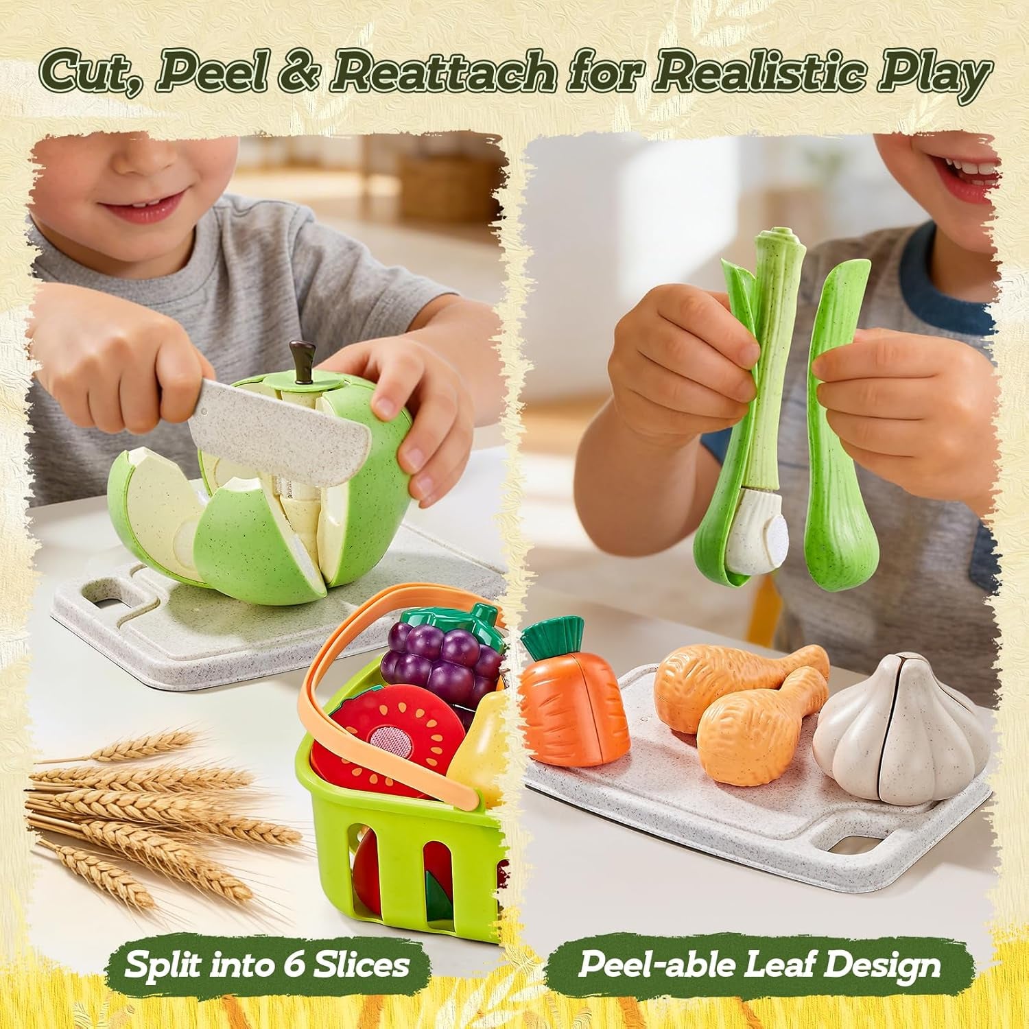 Pretend Play Food for Kids Kitchen, Wheat Straw Toy Food with 2 Baskets & Picnic Blanket, Realistic Cutting Pizza, Grocery Cans, Pretend Play Kitchen Accessories & Toddler Toys for Boys Girls
