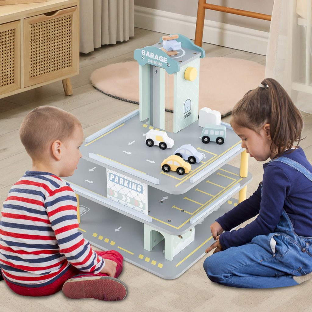 Holz Parkhaus Mit 3 Etagen & 4 Autos & Aufzug Parkgarage Autogarage Spielzeug Für Kinder Ab 3 J.