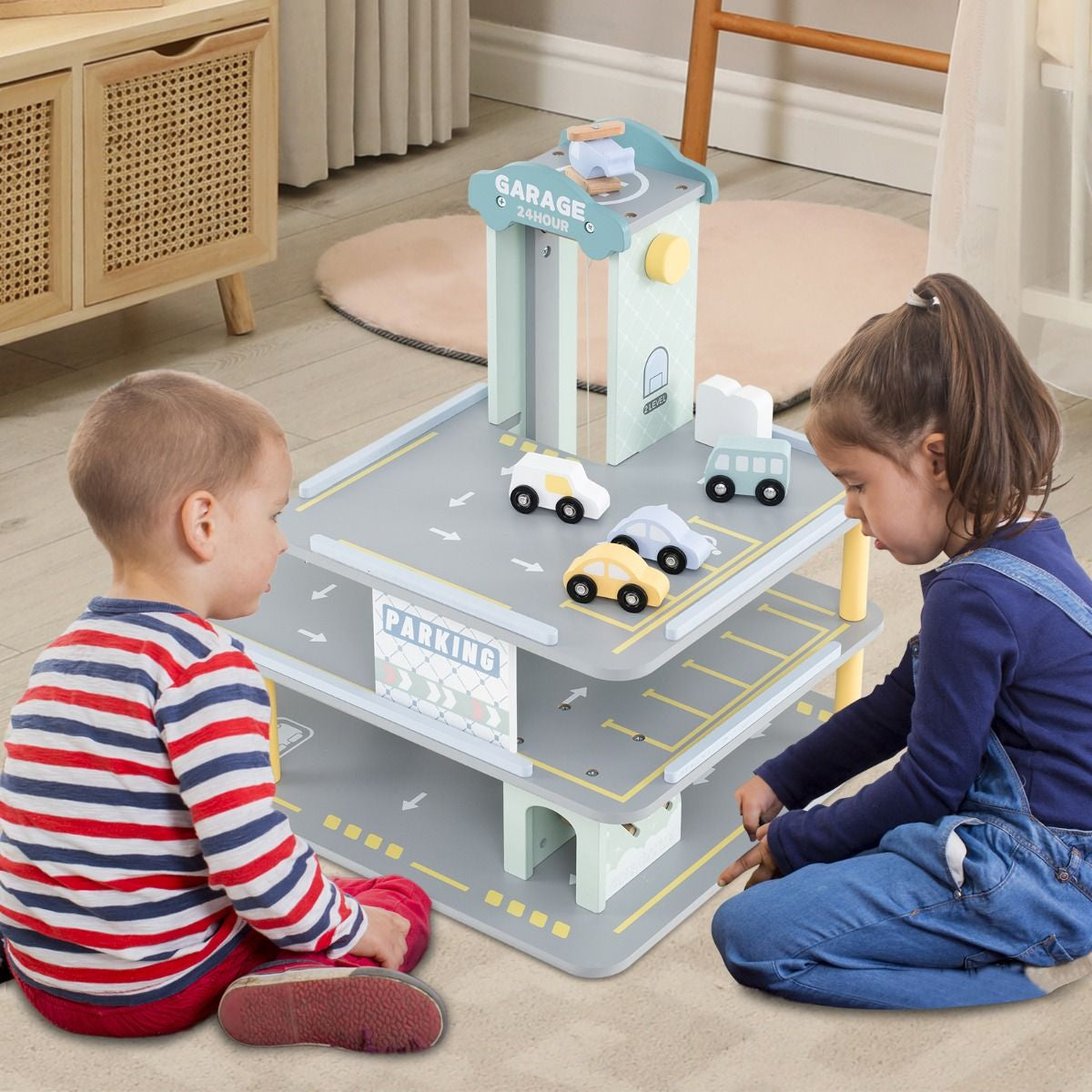 Holz Parkhaus Mit 3 Etagen & 4 Autos & Aufzug Parkgarage Autogarage Spielzeug Für Kinder Ab 3 J.