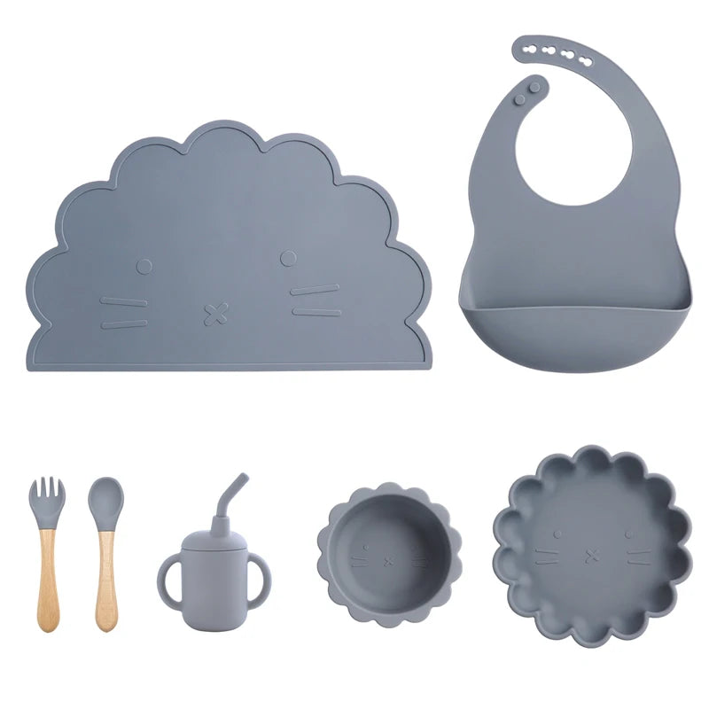 7Pcs/Set Baby Silicone Children'S Tableware Waterproof Bib Food Grade Baby Dishes Plate Suction Bowl Newborn Sippy Cup and Spoon