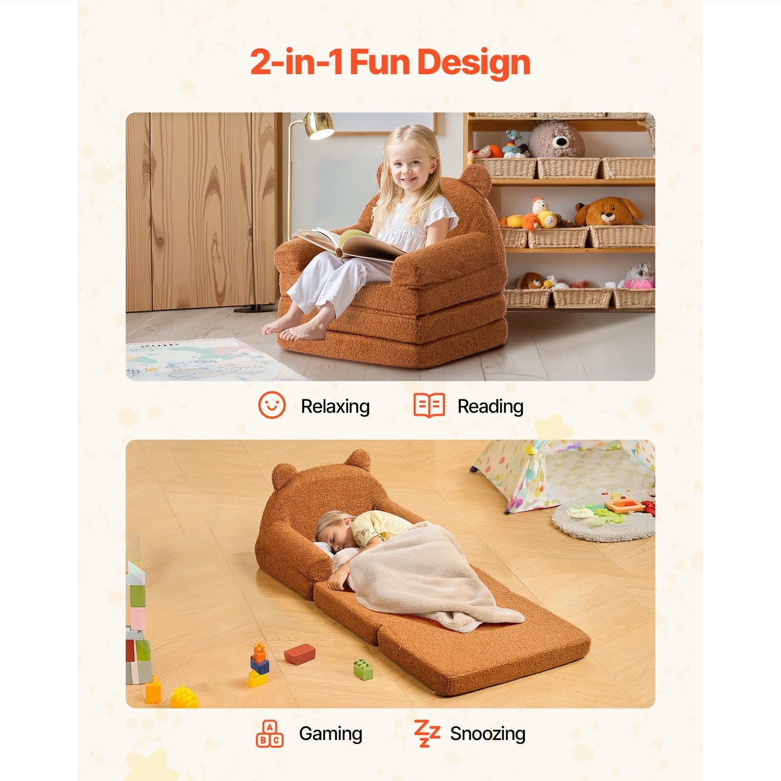 Uimoso Kindersofa Und Sessel 2-In-1 Mit Armlehnen, Ausklappbar, Braun
