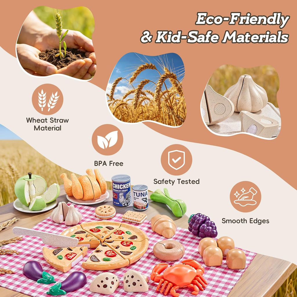 Pretend Play Food for Kids Kitchen, Wheat Straw Toy Food with 2 Baskets & Picnic Blanket, Realistic Cutting Pizza, Grocery Cans, Pretend Play Kitchen Accessories & Toddler Toys for Boys Girls