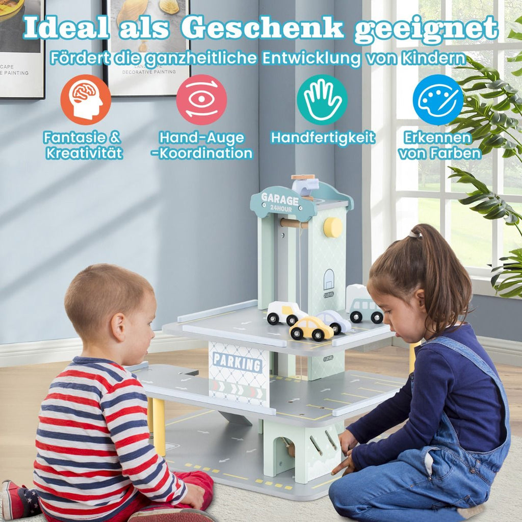 Holz Parkhaus Mit 3 Etagen & 4 Autos & Aufzug Parkgarage Autogarage Spielzeug Für Kinder Ab 3 J.
