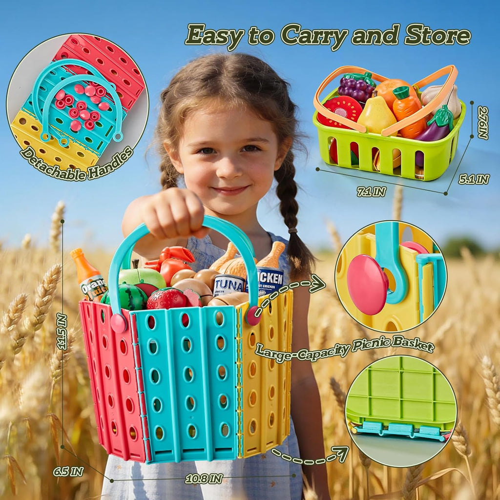 Pretend Play Food for Kids Kitchen, Wheat Straw Toy Food with 2 Baskets & Picnic Blanket, Realistic Cutting Pizza, Grocery Cans, Pretend Play Kitchen Accessories & Toddler Toys for Boys Girls