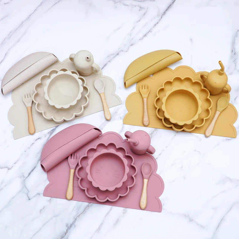7Pcs/Set Baby Silicone Children'S Tableware Waterproof Bib Food Grade Baby Dishes Plate Suction Bowl Newborn Sippy Cup and Spoon