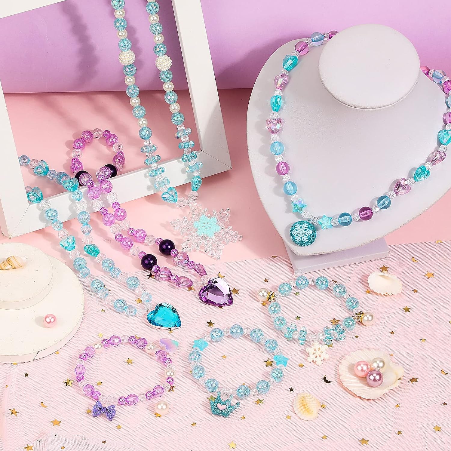 Bastelset Kinder Perlen Schmuck 400Pcs+,Perlen Zum Auffädeln Kinder Schmuck Basteln Halskette Armband Basteln DIY Meerjungfrau Prinzessin Bastelset Mitgebsel Kindergeburtstag Geschenk Für Mädchen