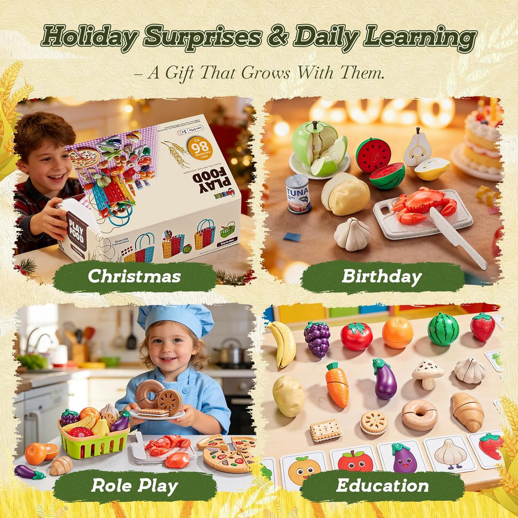 Pretend Play Food for Kids Kitchen, Wheat Straw Toy Food with 2 Baskets & Picnic Blanket, Realistic Cutting Pizza, Grocery Cans, Pretend Play Kitchen Accessories & Toddler Toys for Boys Girls