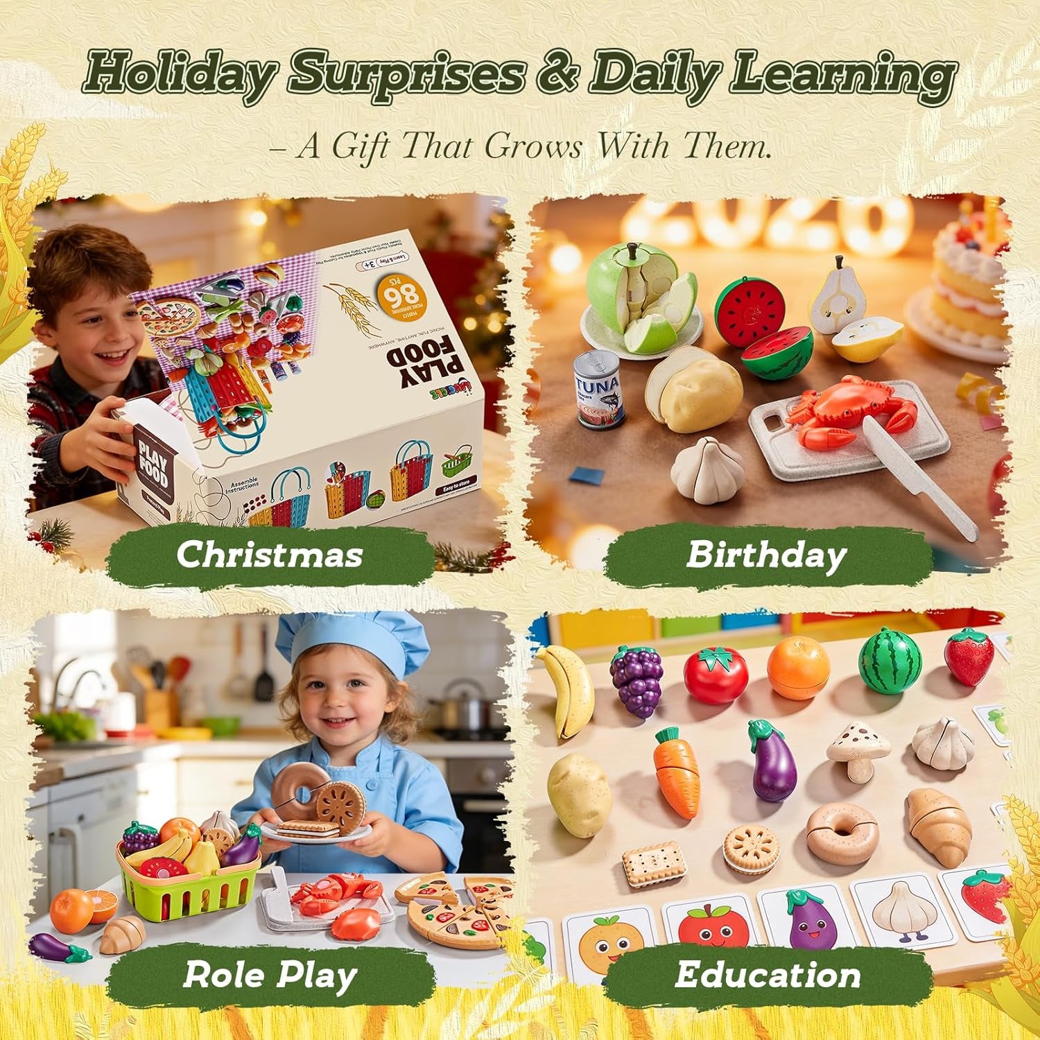 Pretend Play Food for Kids Kitchen, Wheat Straw Toy Food with 2 Baskets & Picnic Blanket, Realistic Cutting Pizza, Grocery Cans, Pretend Play Kitchen Accessories & Toddler Toys for Boys Girls