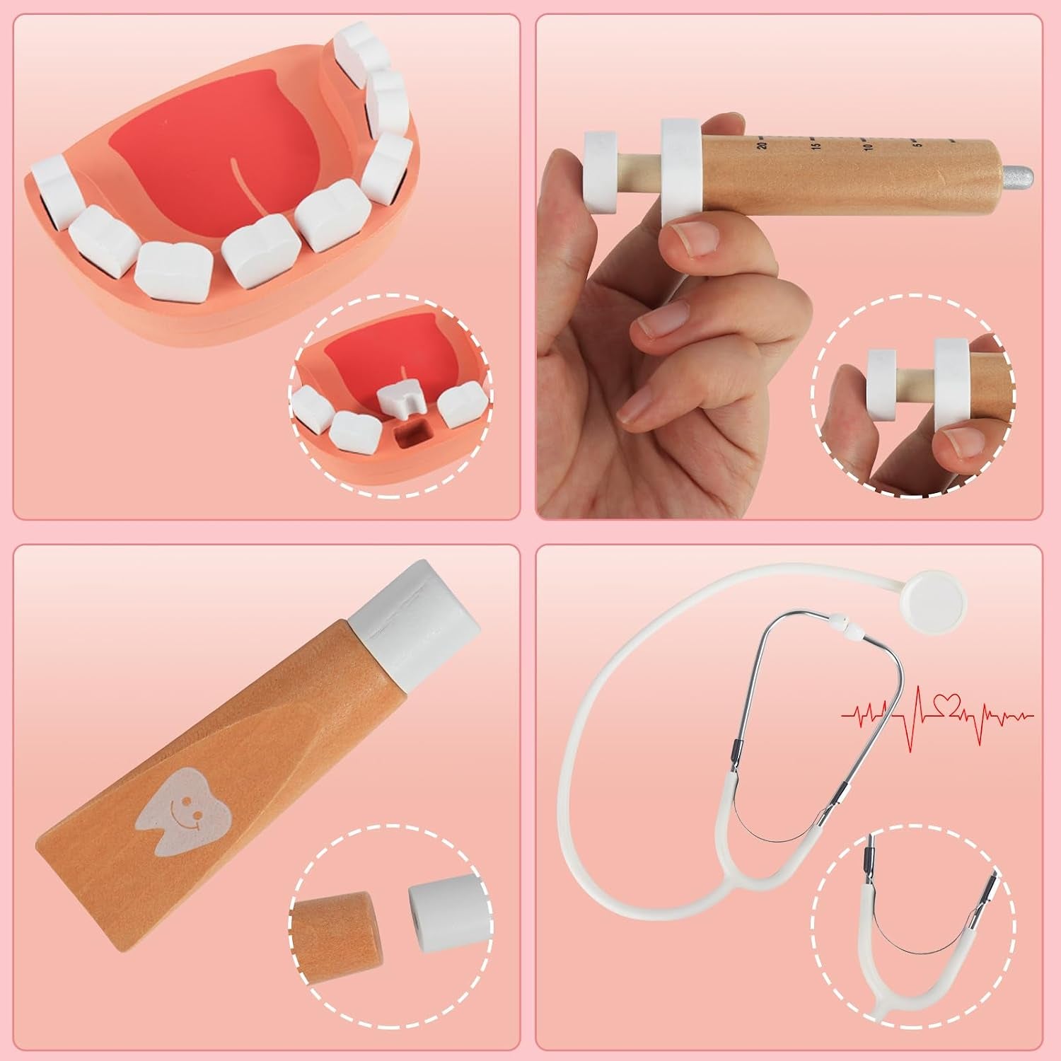 Arztkoffer Kinder Holz Spielset - Mit Echtem Stethoskop, Arztkittel Und Doktortasche in Rot, Perfekt Für Rollenspiele Zahnarzt Spielzeug Für Kinder Ab 3 Jahren
