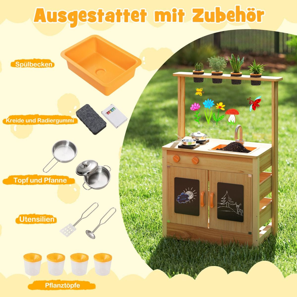 Kinder Mud Kitchen Mit Pflanzentöpfen & Kochgeschirr & Herden Holz Spielküche Spielset