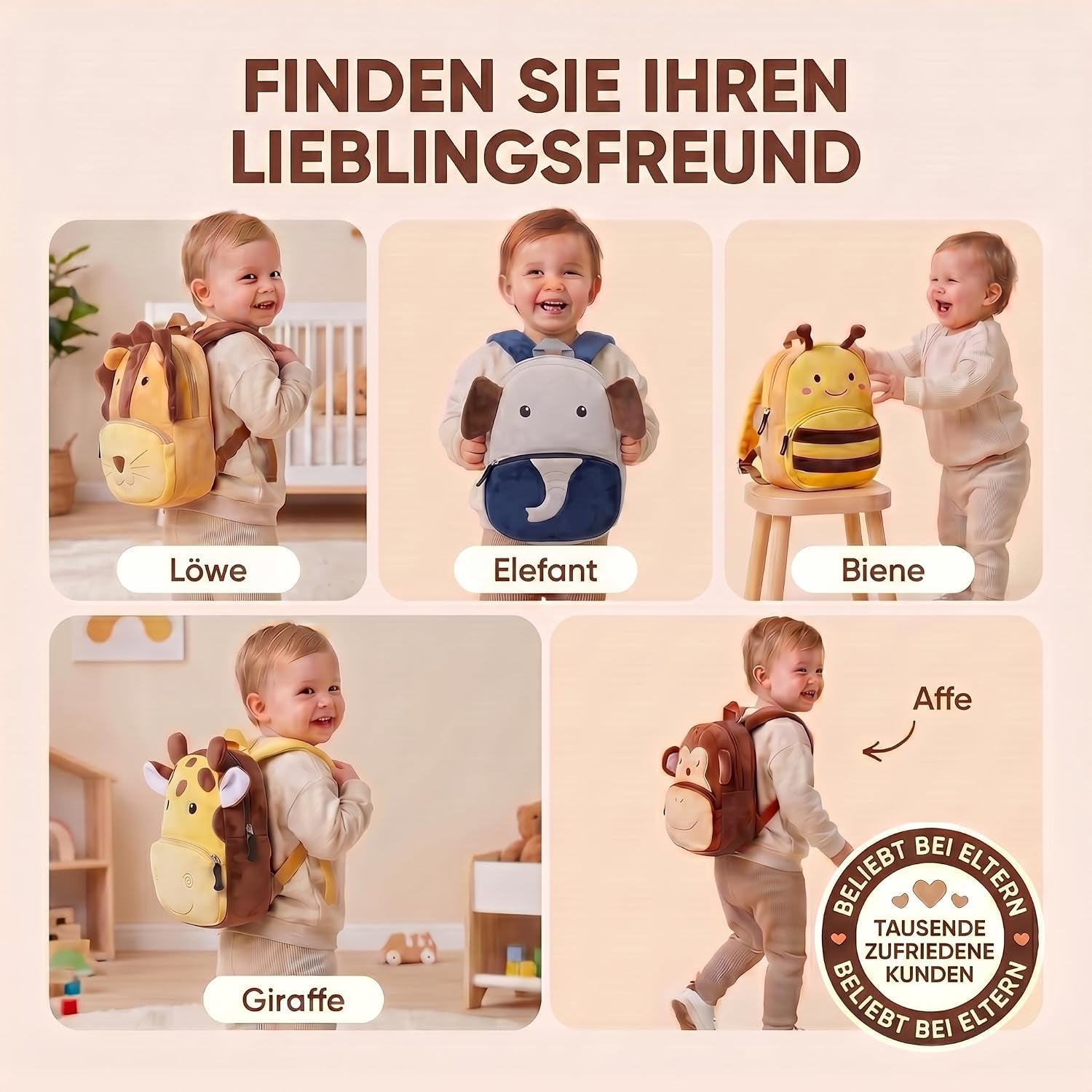 All Kids United Kinderrucksack Für Kleinkinder Kindergarten Rucksack Für Kinder Backpack Schultasche Tier-Rucksäcke 1-4 Jahre, Robust, Leichtgewichtig, Flauschig & Ergonomische Träger (Löwe)