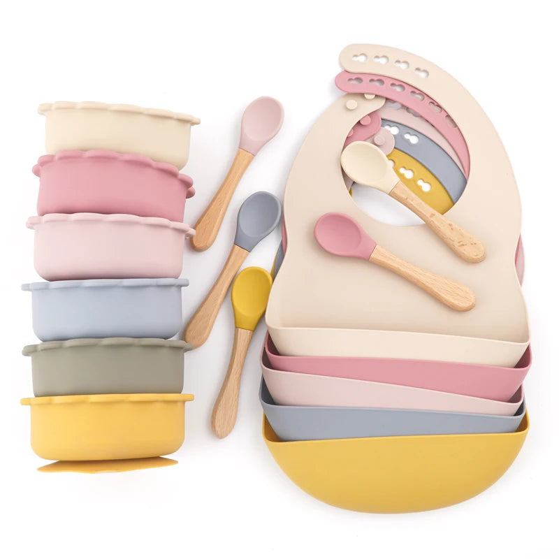 7Pcs/Set Baby Silicone Children'S Tableware Waterproof Bib Food Grade Baby Dishes Plate Suction Bowl Newborn Sippy Cup and Spoon