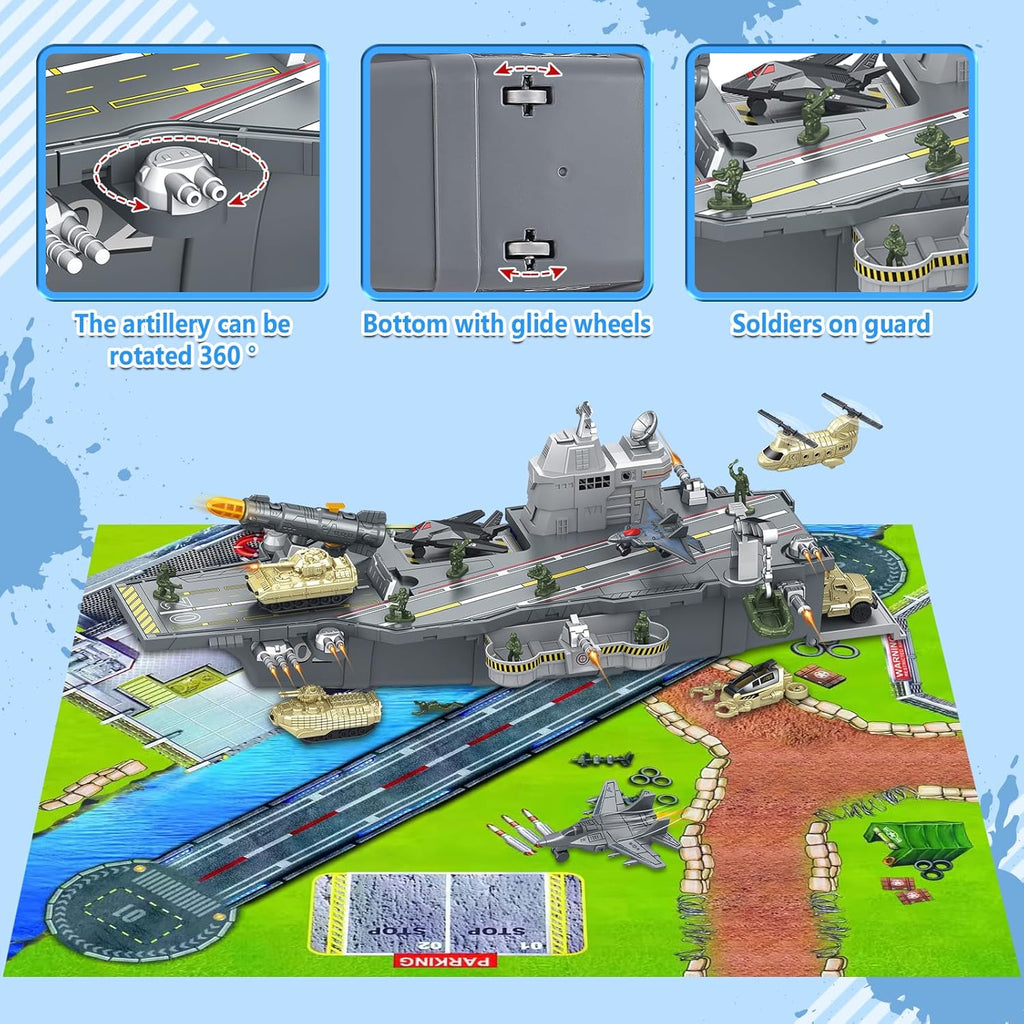 Deao Modellschiff-Flugzeugträger, Militär Flugzeug Spielzeug Set Für Kinder | Schlachtschiff Modell Mit Spielzeugsoldaten, Hubschrauber, Militärflugzeuge, Panzer, Kampfschiff Spielzeug Militärspielsachen