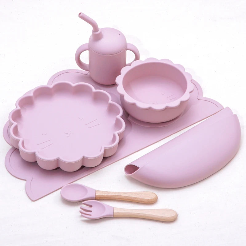 7Pcs/Set Baby Silicone Children'S Tableware Waterproof Bib Food Grade Baby Dishes Plate Suction Bowl Newborn Sippy Cup and Spoon