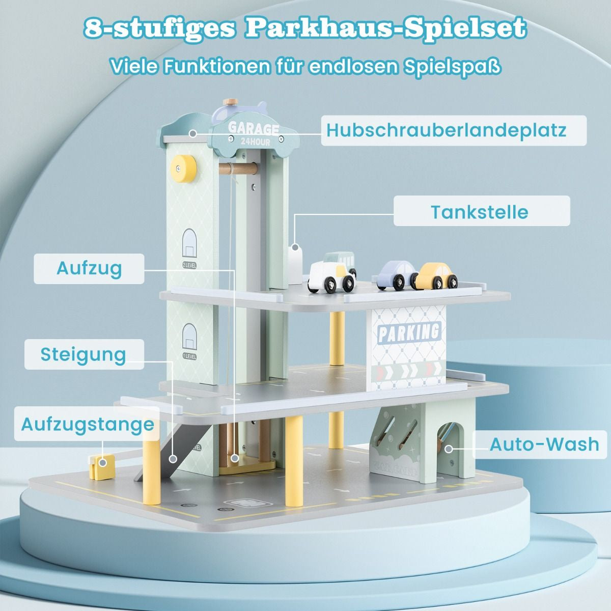 Holz Parkhaus Mit 3 Etagen & 4 Autos & Aufzug Parkgarage Autogarage Spielzeug Für Kinder Ab 3 J.