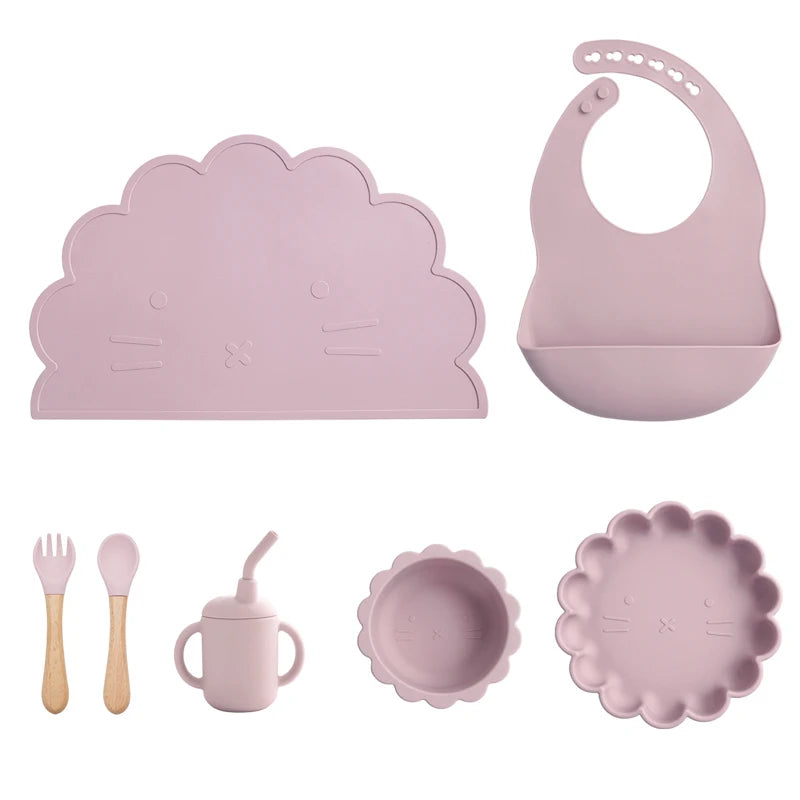7Pcs/Set Baby Silicone Children'S Tableware Waterproof Bib Food Grade Baby Dishes Plate Suction Bowl Newborn Sippy Cup and Spoon