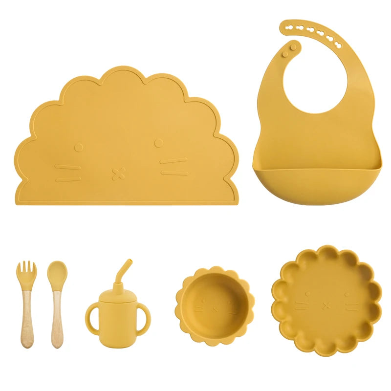 7Pcs/Set Baby Silicone Children'S Tableware Waterproof Bib Food Grade Baby Dishes Plate Suction Bowl Newborn Sippy Cup and Spoon