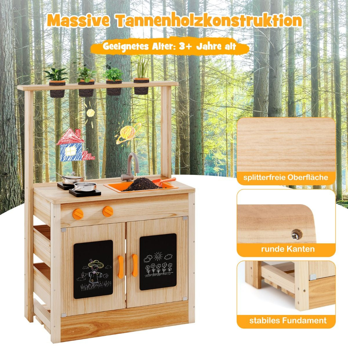 Kinder Mud Kitchen Mit Pflanzentöpfen & Kochgeschirr & Herden Holz Spielküche Spielset
