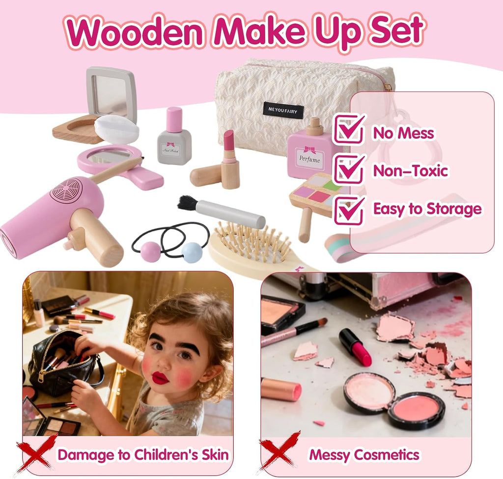 Holz Schminke Für Kinder Holzschminke Spielset Schminkkoffer Mädchen, 19PCS Make up Holzspielzeug Für Rollenspiele Ab 3, Weihnachten Geburtstag Geschenk Für Mädchen Ab 3 4 Jahre