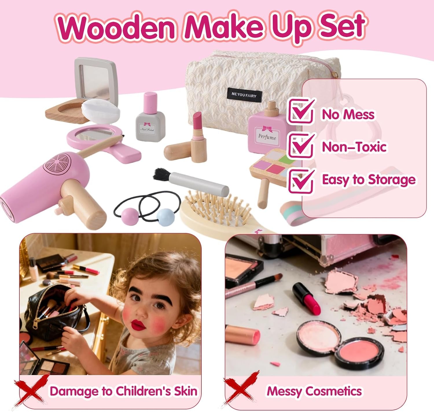 Holz Schminke Für Kinder Holzschminke Spielset Schminkkoffer Mädchen, 19PCS Make up Holzspielzeug Für Rollenspiele Ab 3, Weihnachten Geburtstag Geschenk Für Mädchen Ab 3 4 Jahre