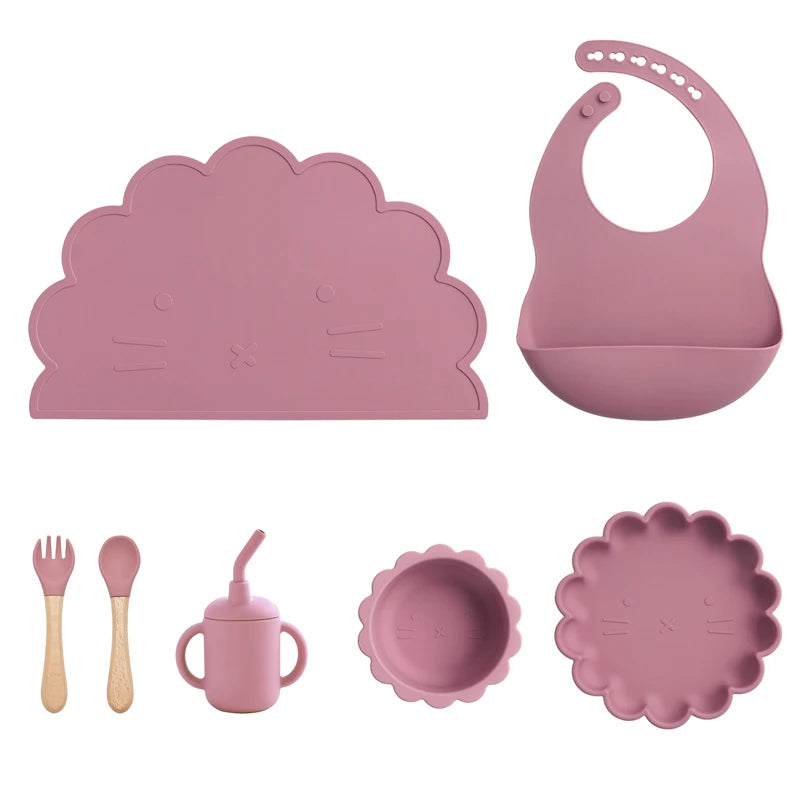 7Pcs/Set Baby Silicone Children'S Tableware Waterproof Bib Food Grade Baby Dishes Plate Suction Bowl Newborn Sippy Cup and Spoon