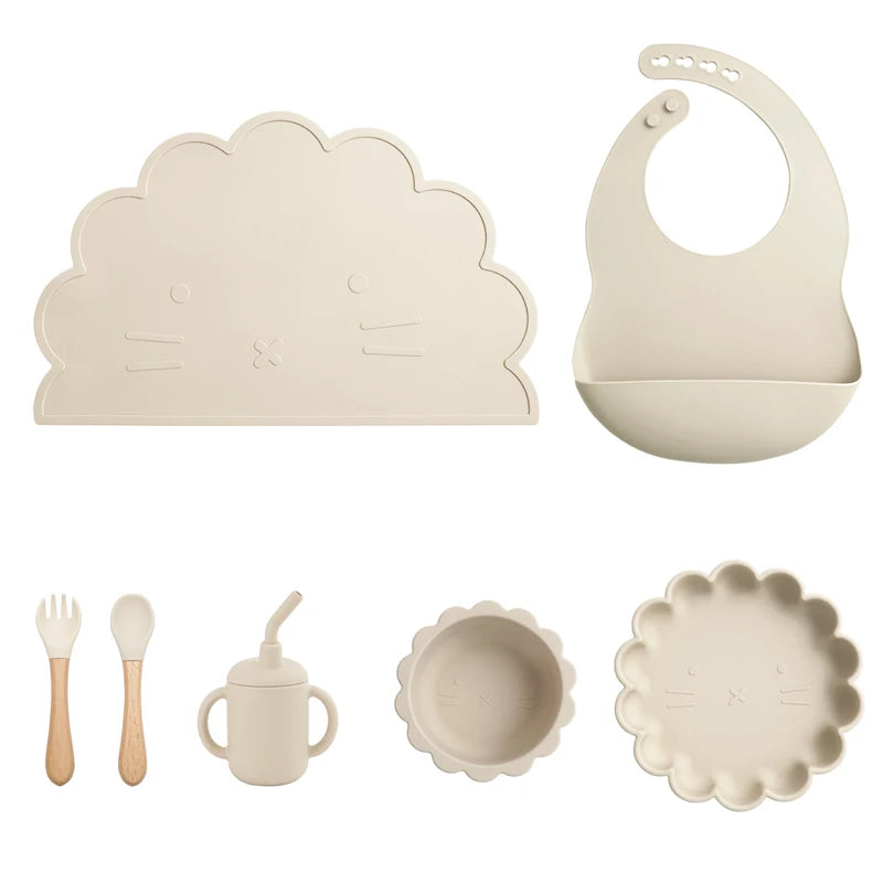 7Pcs/Set Baby Silicone Children'S Tableware Waterproof Bib Food Grade Baby Dishes Plate Suction Bowl Newborn Sippy Cup and Spoon