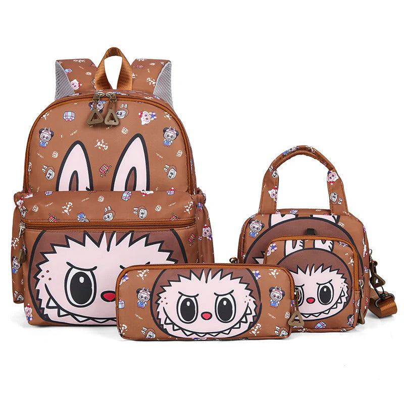 Kids Cartoon Character 3 Piece Backpack Set Lightweight School Bag with Lunch Pencil Case Brown