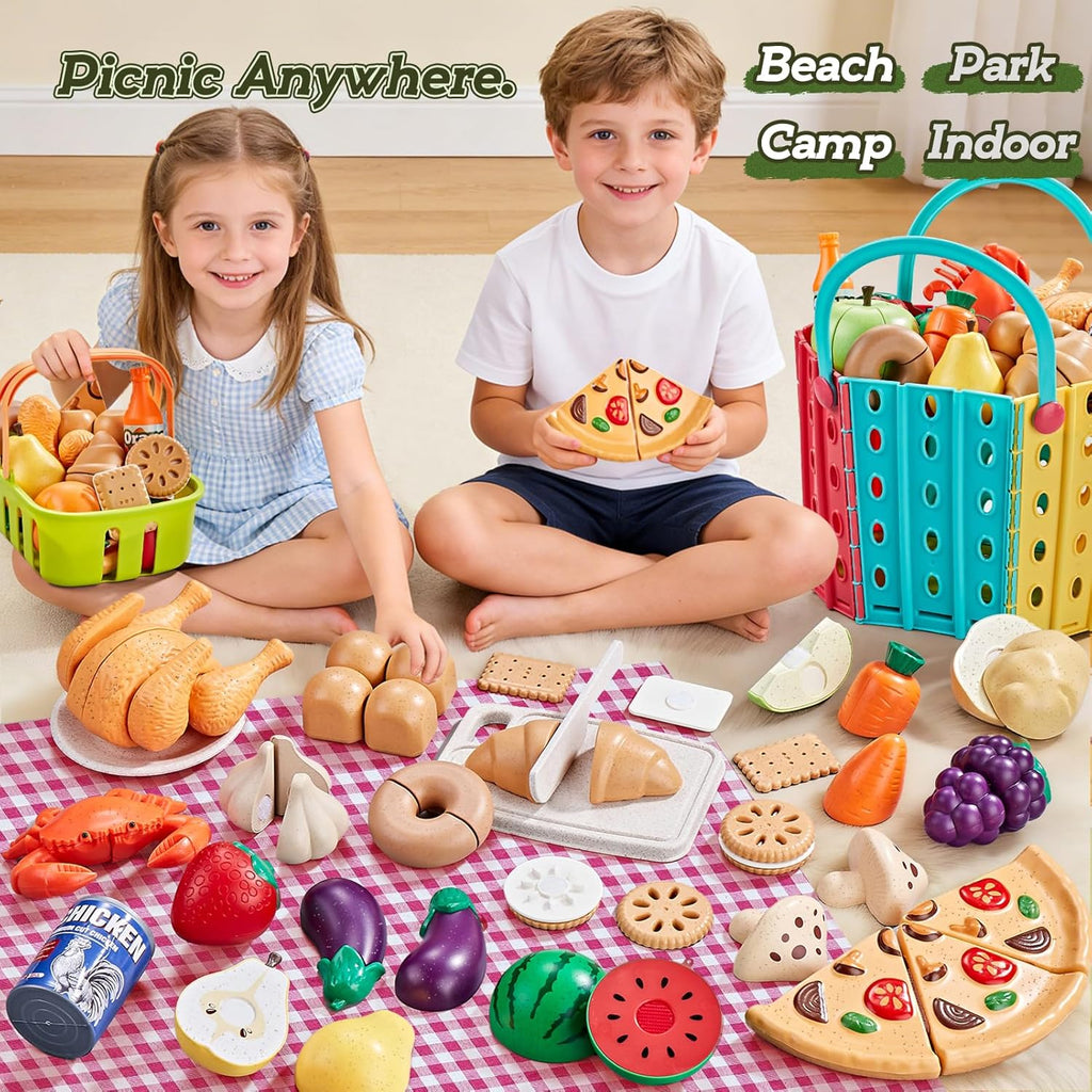 Pretend Play Food for Kids Kitchen, Wheat Straw Toy Food with 2 Baskets & Picnic Blanket, Realistic Cutting Pizza, Grocery Cans, Pretend Play Kitchen Accessories & Toddler Toys for Boys Girls