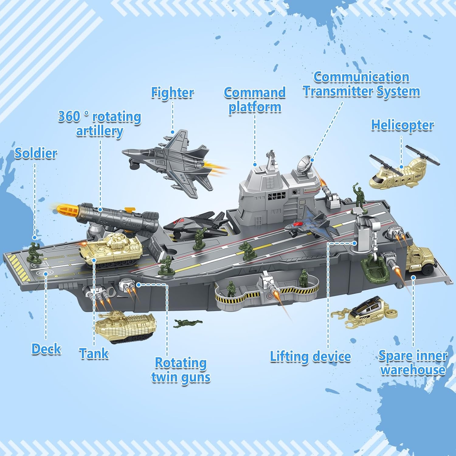 Deao Modellschiff-Flugzeugträger, Militär Flugzeug Spielzeug Set Für Kinder | Schlachtschiff Modell Mit Spielzeugsoldaten, Hubschrauber, Militärflugzeuge, Panzer, Kampfschiff Spielzeug Militärspielsachen