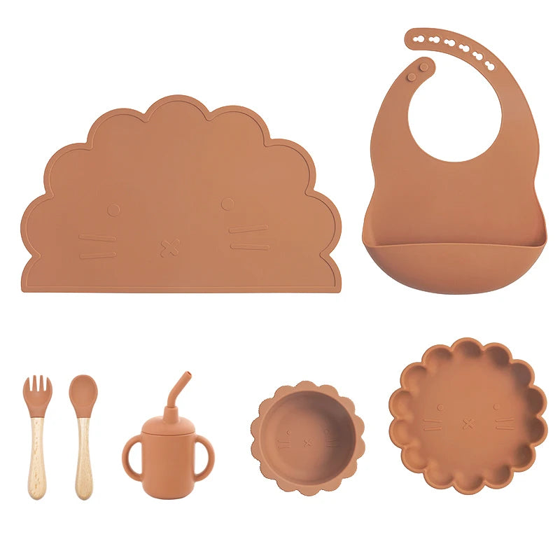 7Pcs/Set Baby Silicone Children'S Tableware Waterproof Bib Food Grade Baby Dishes Plate Suction Bowl Newborn Sippy Cup and Spoon