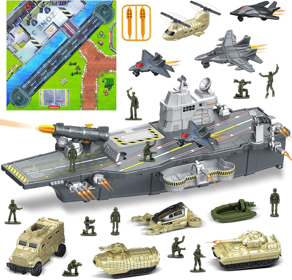Deao Modellschiff-Flugzeugträger, Militär Flugzeug Spielzeug Set Für Kinder | Schlachtschiff Modell Mit Spielzeugsoldaten, Hubschrauber, Militärflugzeuge, Panzer, Kampfschiff Spielzeug Militärspielsachen