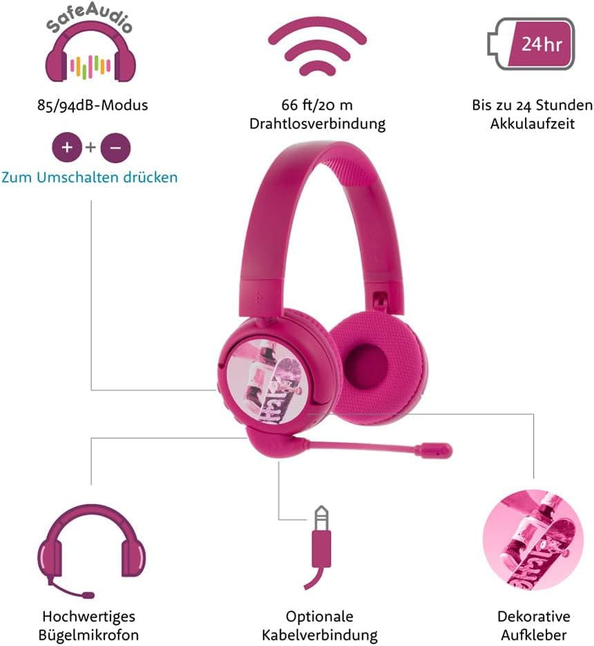 Brandneu Und „Made for Amazon“: Bluetooth-Kinderkopfhörer Buddyphones Poptime Pro Mit Lautstärkebegrenzung Und Bügelmikrofon (Alter: 3-12 Jahre), Pink