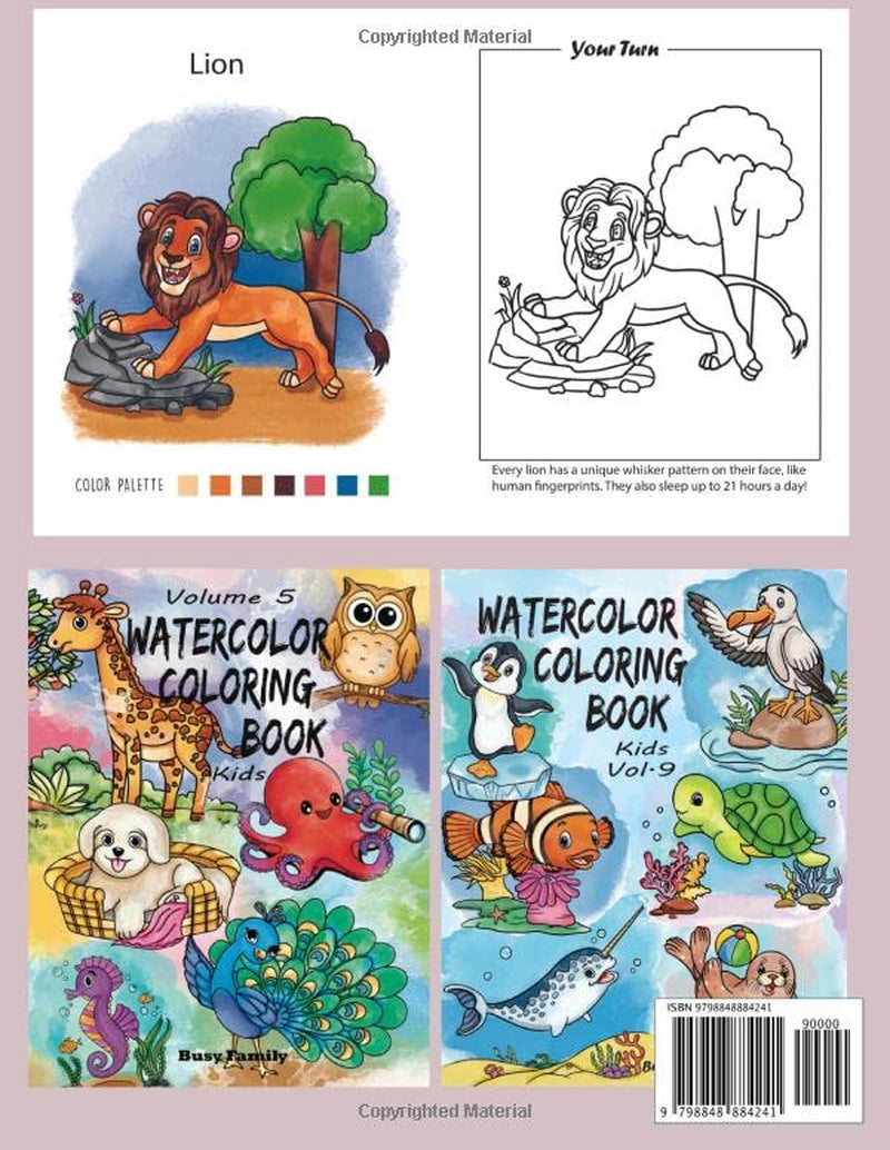 Watercolor Coloring Book Kids: (Vol.12: Wild Animals with FUN FACTS) 12 ADORABLE Coloring Pages + 12 Inspiring REFERENCE Pages for Kids to Copy. a Watercolor Book for Kids, Toddlers, Girls, and Boys!