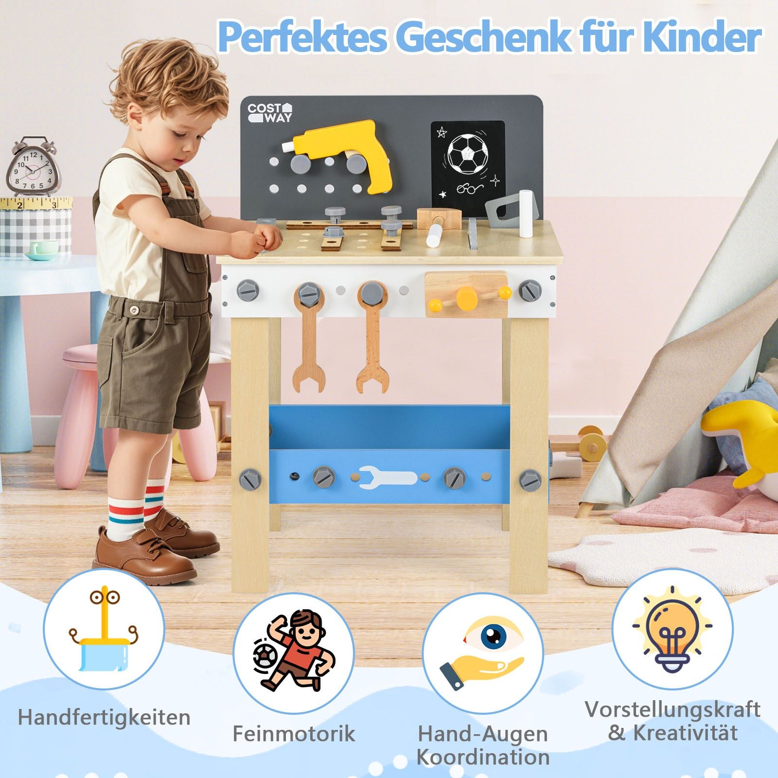Werkzeugbank Für Kinder Hölzernes Werkbank-Spielset Zum Rollenspiel Mit Stecktafel Kreidetafel Und Ablageregal